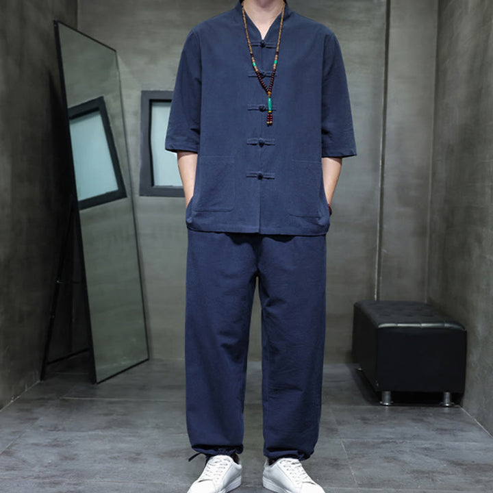 Buddha Stones 2Pcs Tang Suit Frog-Button Design Shirt Pants With Pockets Men's Cotton Linen Meditation Cloth Set - image 14