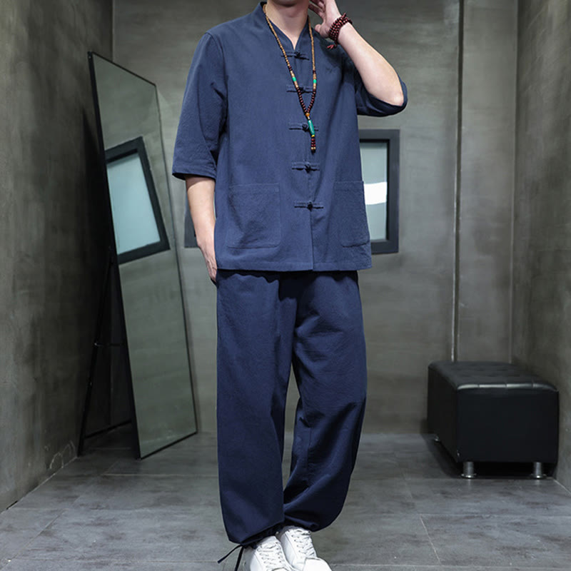 Buddha Stones 2Pcs Tang Suit Frog-Button Design Shirt Pants With Pockets Men's Cotton Linen Meditation Cloth Set - image 19