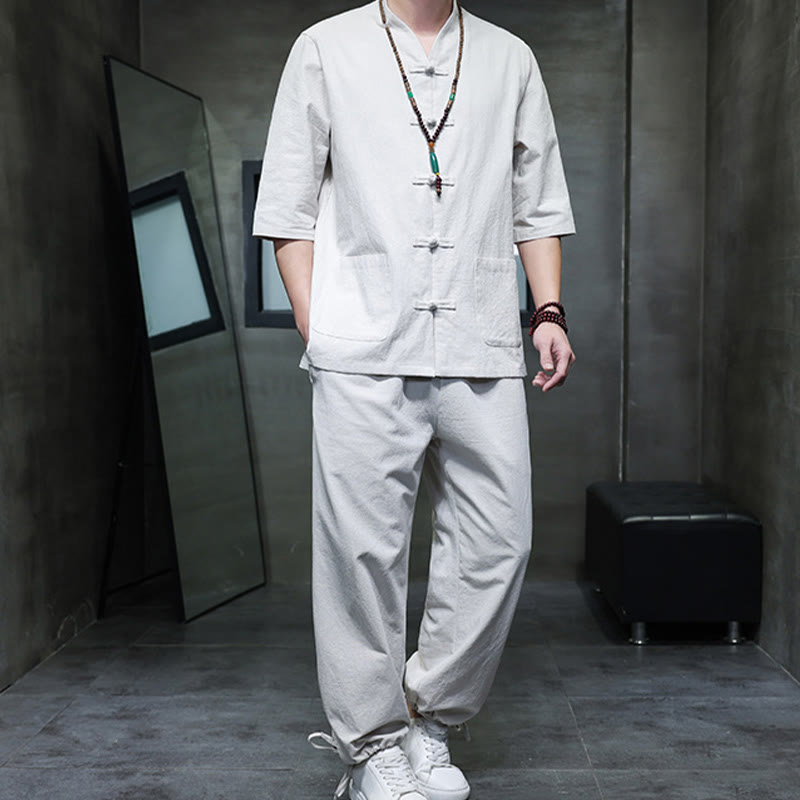 Buddha Stones 2Pcs Tang Suit Frog-Button Design Shirt Pants With Pockets Men's Meditation Cloth Set - image 24