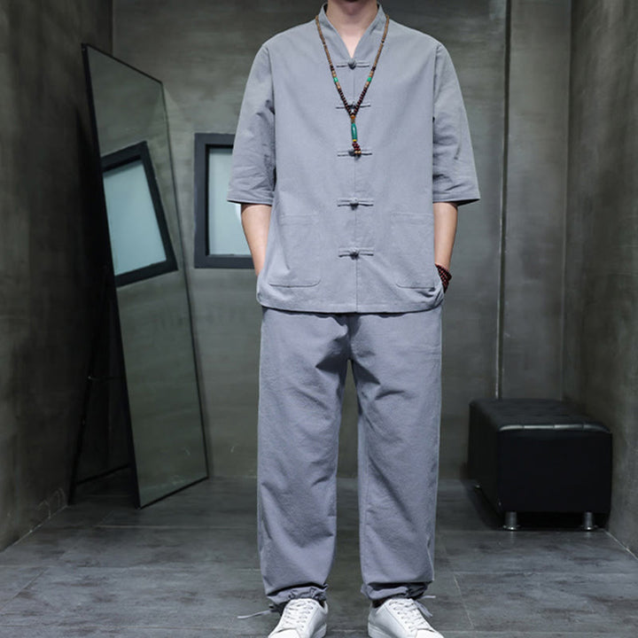 Buddha Stones 2Pcs Tang Suit Frog-Button Design Shirt Pants With Pockets Men's Cotton Linen Meditation Cloth Set - image 30