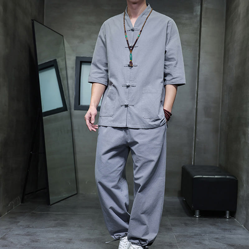 Buddha Stones 2Pcs Tang Suit Frog-Button Design Shirt Pants With Pockets Men's Meditation Cloth Set - image 32