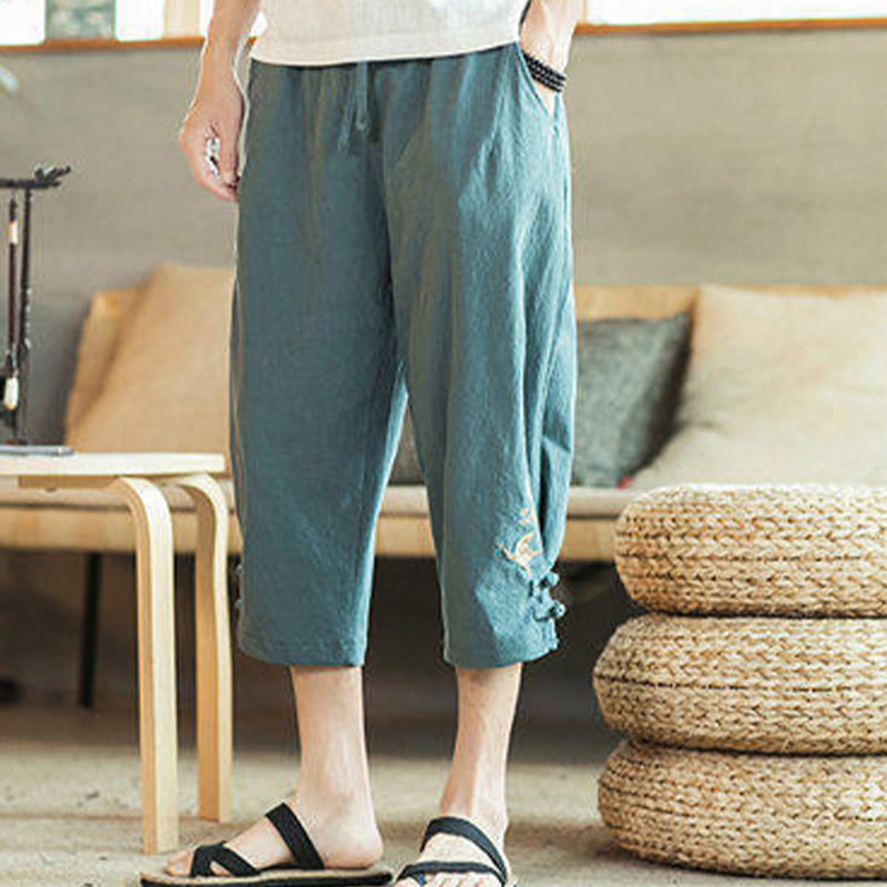 Buddha Stones Crane Embroidery Cotton Men's Cropped Harem Pants With Pockets - image 7