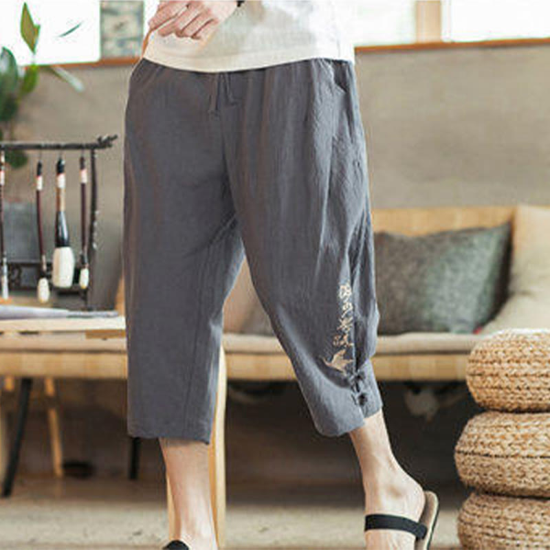 Buddha Stones Crane Embroidery Cotton Men's Cropped Harem Pants With Pockets - image 15