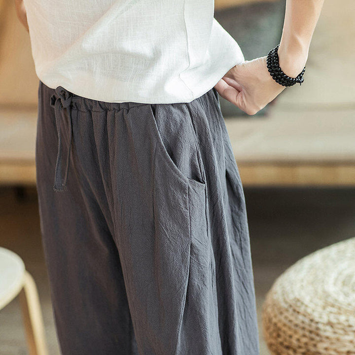 Buddha Stones Crane Embroidery Cotton Men's Cropped Harem Pants With Pockets - image 19