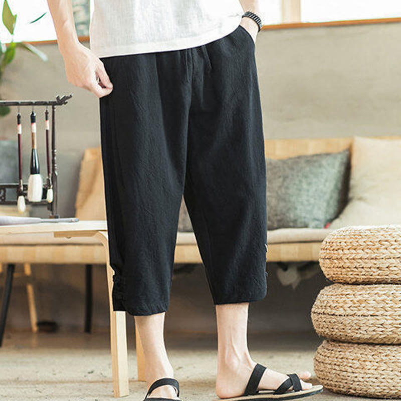 Buddha Stones Crane Embroidery Cotton Men's Cropped Harem Pants With Pockets - image 24