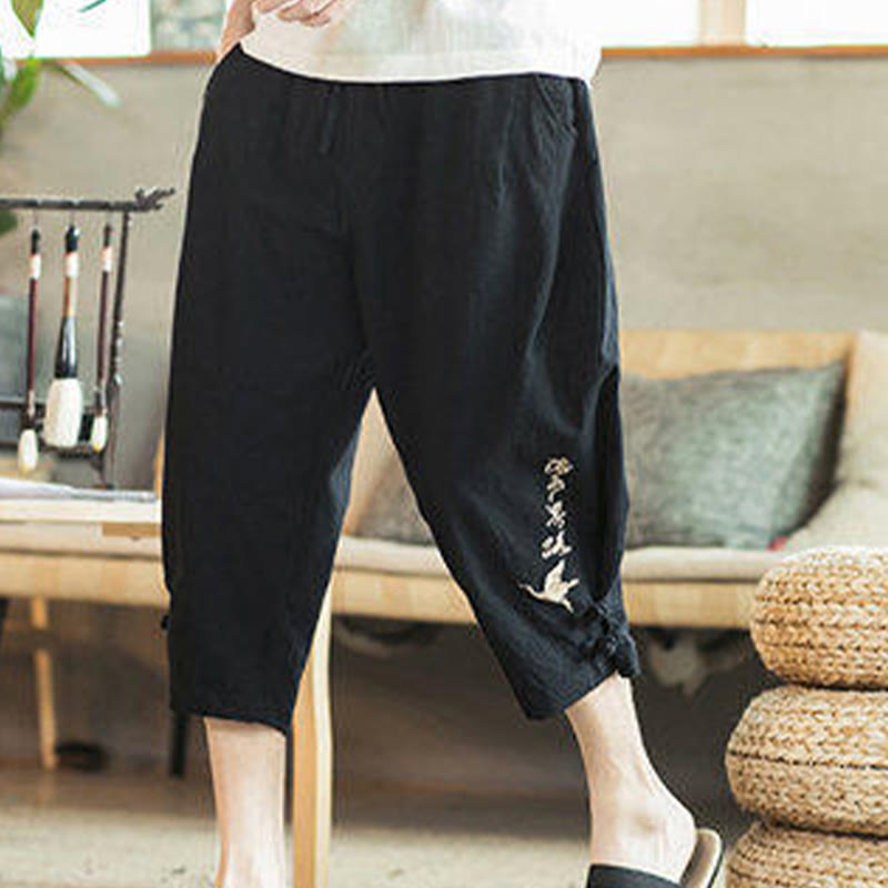 Buddha Stones Crane Embroidery Cotton Men's Cropped Harem Pants With Pockets - image 28