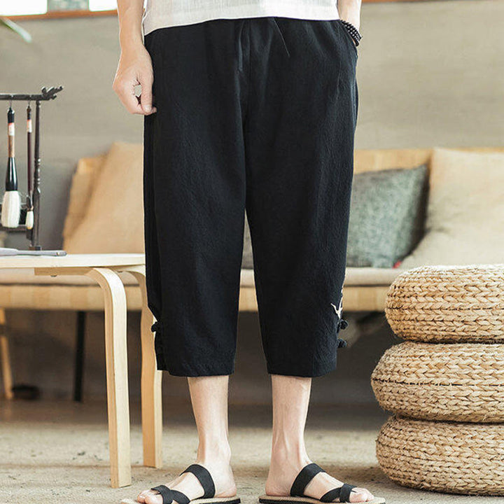 Buddha Stones Crane Embroidery Cotton Men's Cropped Harem Pants With Pockets - image 23