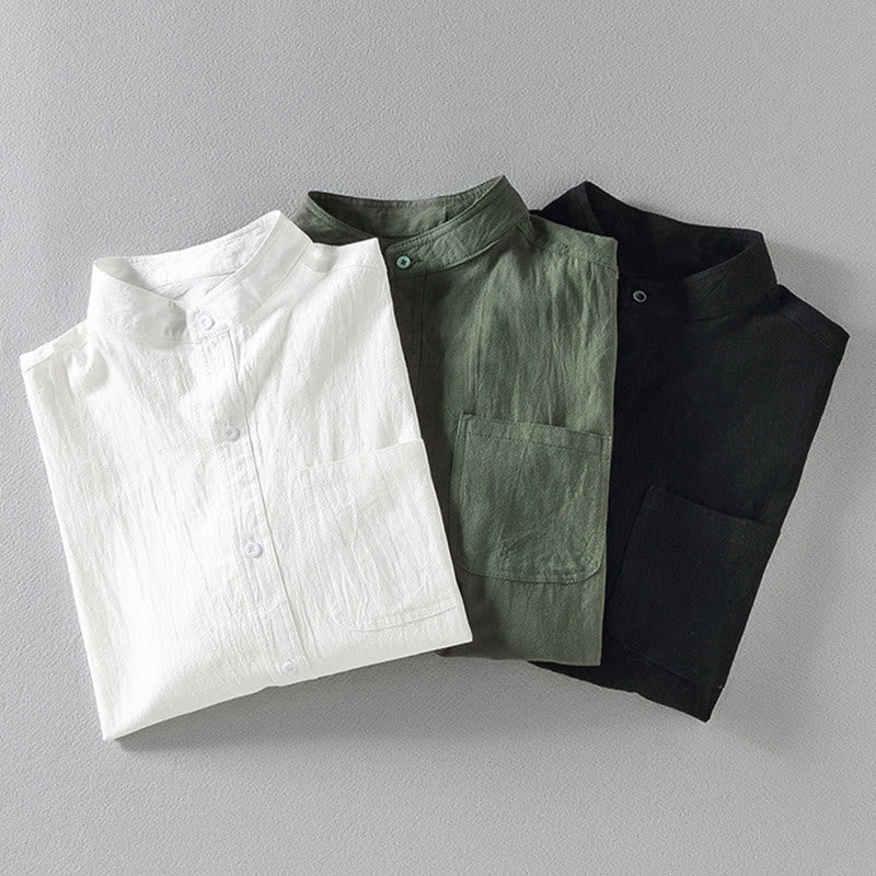 Buddha Stones Summer Solid Men's Buttons Half Sleeve Cotton Linen Shirt - image 1