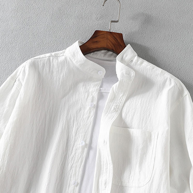 Buddha Stones Summer Solid Men's Buttons Half Sleeve Cotton Linen Shirt - image 4