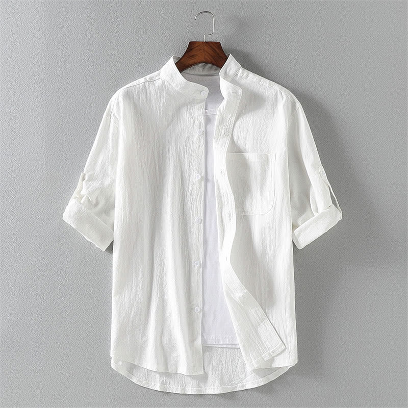 Buddha Stones Summer Solid Men's Buttons Half Sleeve Cotton Linen Shirt - White - US/UK/AU46，EU56 (5XL) - image 2