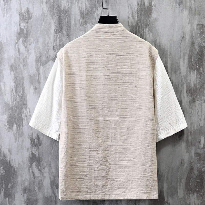 Buddha Stones Summer Patchwork Color Design Men's Half Sleeve Cotton Linen Shirt - image 1