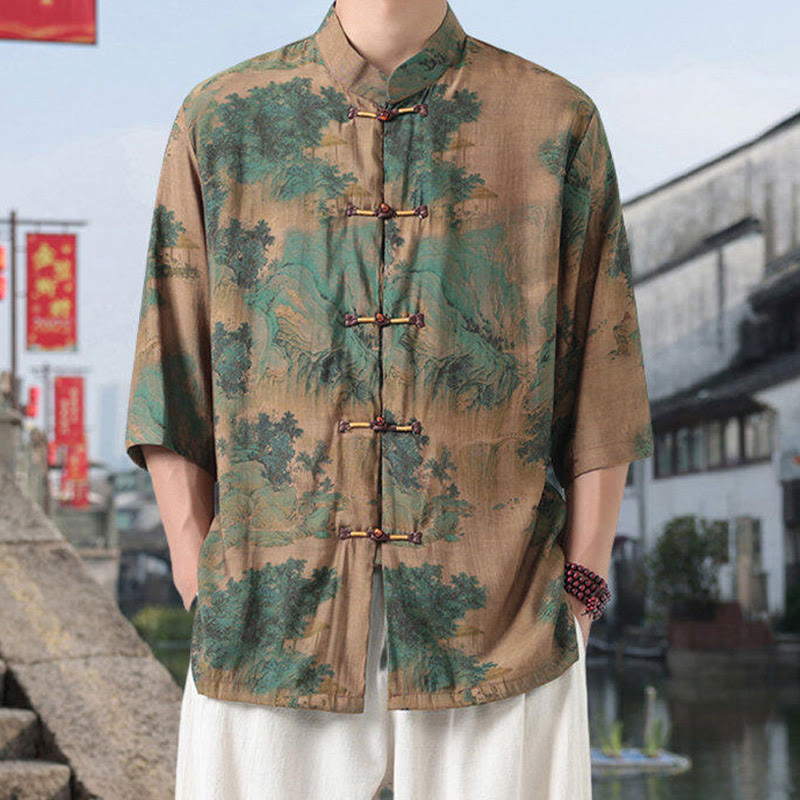 Buddha Stones Dragon Auspicious Clouds Green Mountains Chinese Frog-Button Men's Half Sleeve Cotton Linen Shirt - DarkKhaki - US/UK/AU46，EU56 (5XL) - image 5