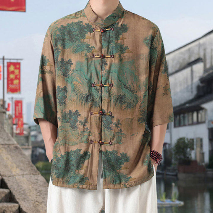 Buddha Stones Dragon Auspicious Clouds Green Mountains Chinese Frog-Button Men's Half Sleeve Cotton Linen Shirt - DarkKhaki - US/UK/AU46，EU56 (5XL) - image 5