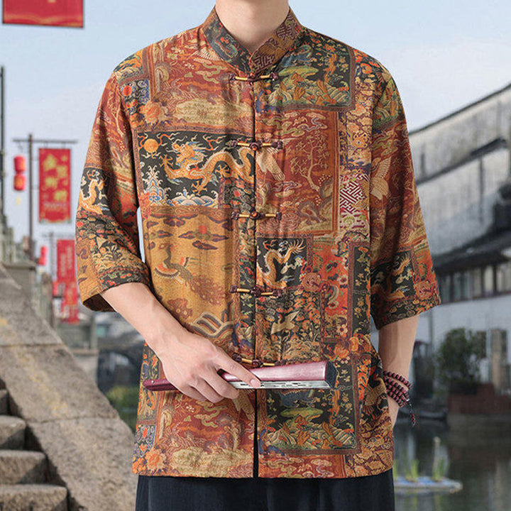 Buddha Stones Dragon Auspicious Clouds Green Mountains Chinese Frog-Button Men's Half Sleeve Cotton Linen Shirt - image 1
