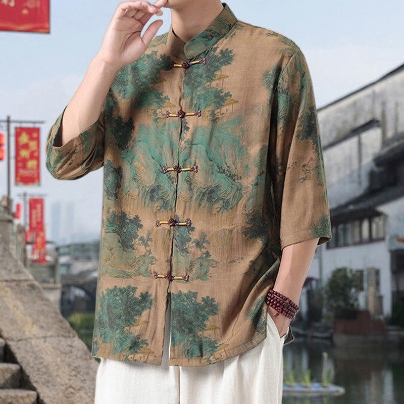 Buddha Stones Dragon Auspicious Clouds Green Mountains Chinese Frog-Button Men's Half Sleeve Cotton Linen Shirt - image 10