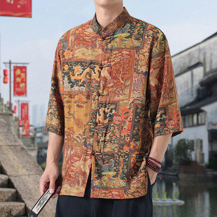 Buddha Stones Dragon Auspicious Clouds Green Mountains Chinese Frog-Button Men's Half Sleeve Cotton Linen Shirt - image 2