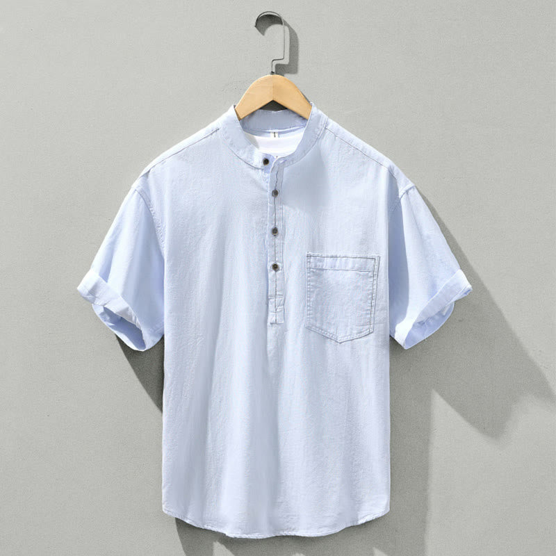 Buddha Stones Summer Solid Men's Half Button Short Sleeve Cotton Shirt - Azure - US/UK/AU42，EU52 (3XL) - image 0
