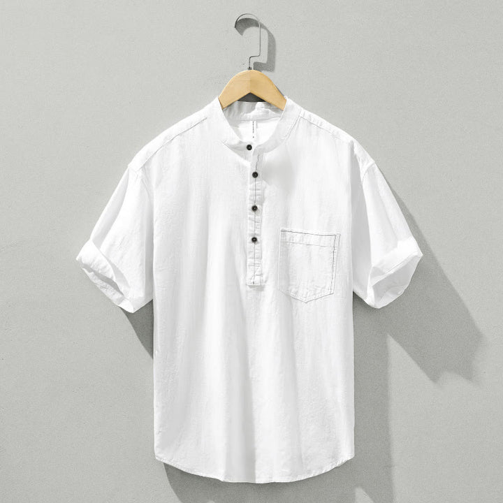 Buddha Stones Summer Solid Men's Half Button Short Sleeve Cotton Shirt - White - US/UK/AU42，EU52 (3XL) - image 15