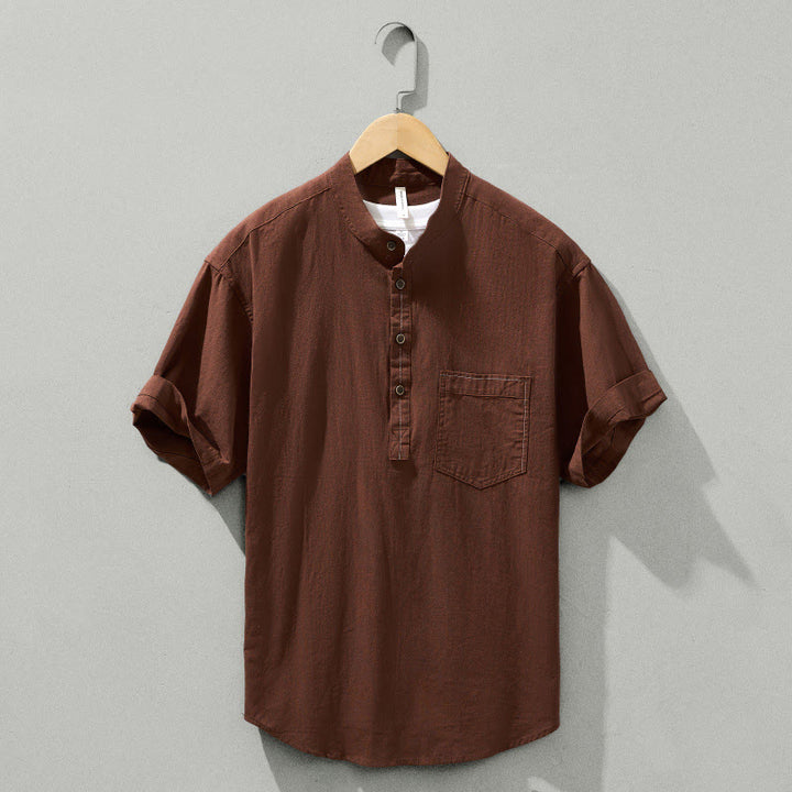 Buddha Stones Summer Solid Men's Half Button Short Sleeve Cotton Shirt - Sienna - US/UK/AU42，EU52 (3XL) - image 21