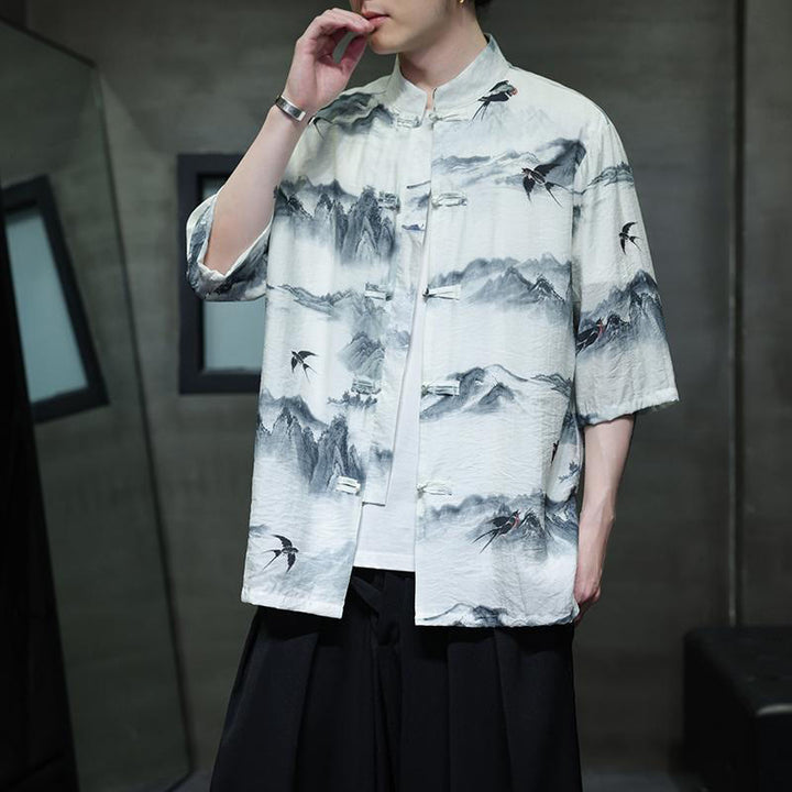 Buddha Stones Ink Painting Mountains Chinese Frog-Button Tang Suit Men's Half Sleeve Cotton Linen Shirt - image 8