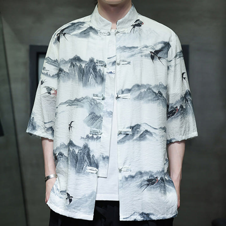Buddha Stones Ink Painting Mountains Chinese Frog-Button Tang Suit Men's Half Sleeve Cotton Linen Shirt - image 9