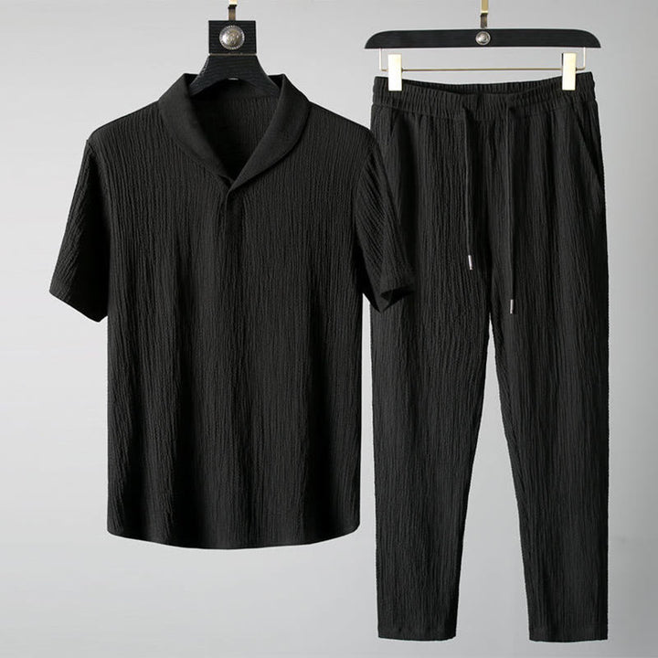 Buddha Stones 2Pcs Solid Color Wrinkle V-Neck Short Sleeve T-shirt Pants Clothing Men's Set - Black - US/UK/AU46，EU56 (5XL) - image 0