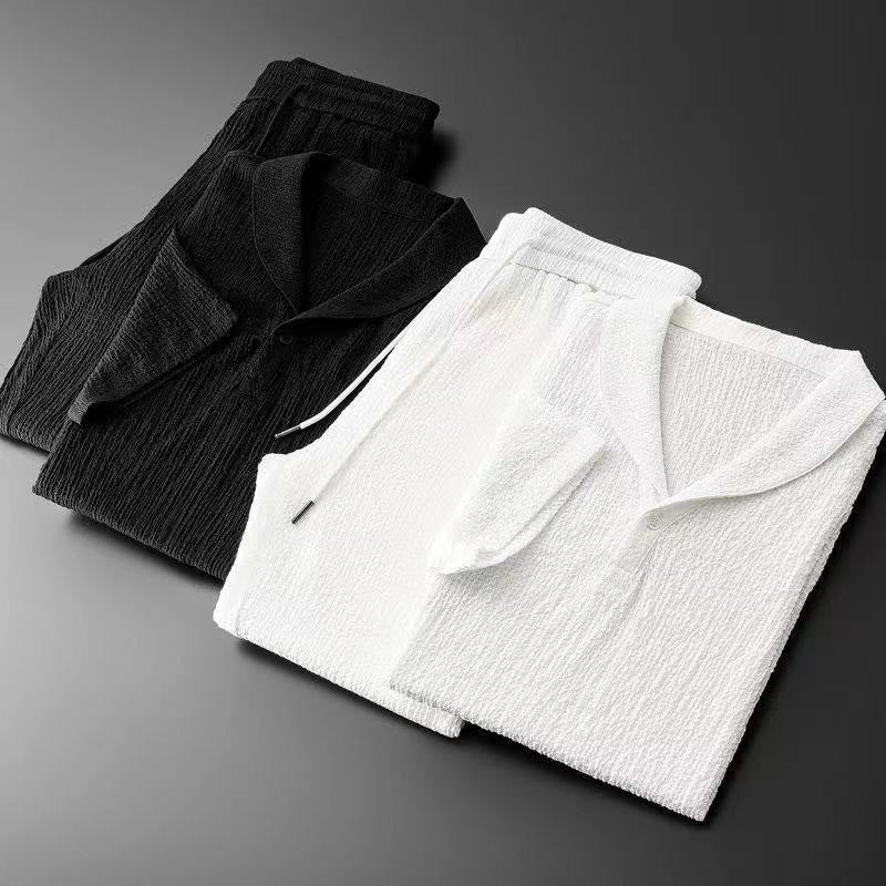 Buddha Stones 2Pcs Solid Color Wrinkle V-Neck Short Sleeve T-shirt Pants Clothing Men's Set - image 17