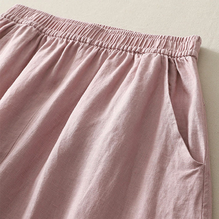 Buddha Stones Summer Daily Solid Color Elastic Waistband Design Women's Wide Leg Cotton Linen Pants With Pockets - image 9