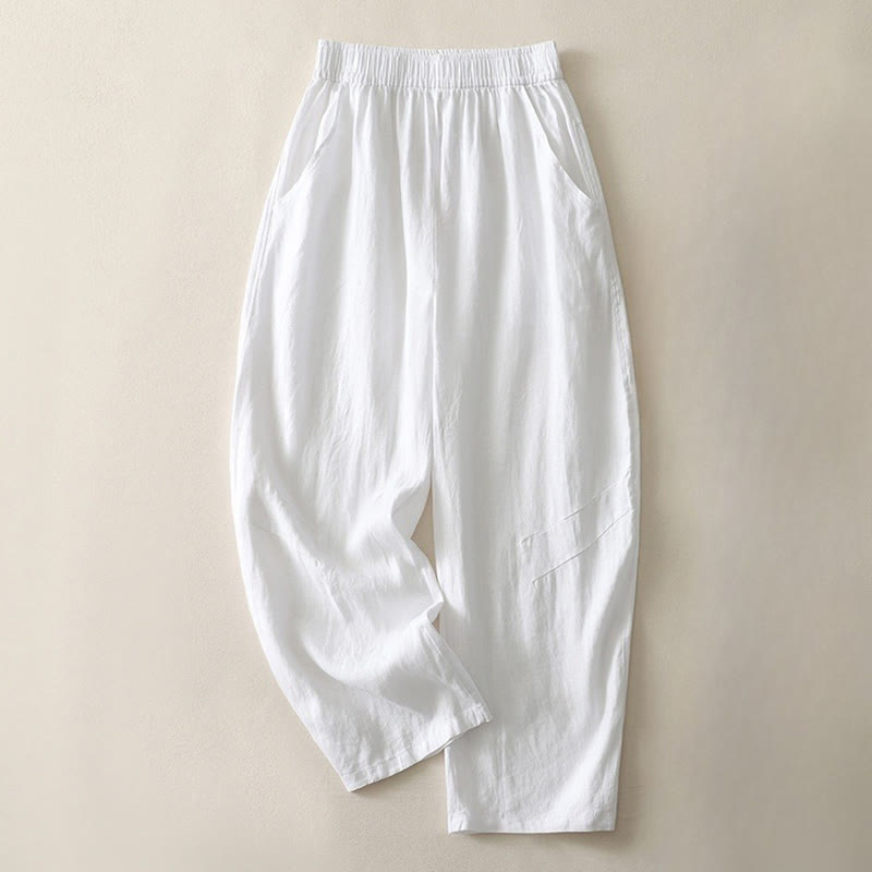 Buddha Stones Summer Daily Solid Color Elastic Waistband Design Women's Wide Leg Cotton Linen Pants With Pockets - image 13