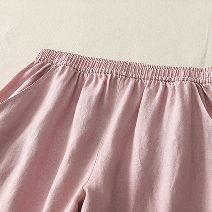 Buddha Stones Summer Daily Solid Color Elastic Waistband Design Women's Wide Leg Cotton Linen Pants With Pockets - image 10