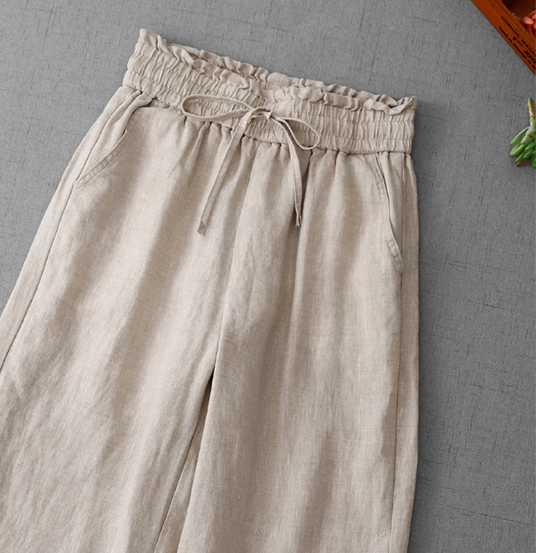 Buddha Stones Casual High Waist Ruffled Drawstring Design Women's Wide Leg Cotton Pants With Pockets - image 2
