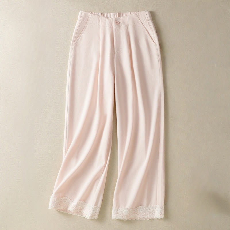 Buddha Stones Casual Lace Patchwork Design High Waist Women's Wide Leg Ankle-Length Pants With Pockets Zipper - MistyRose - US8-10，UK/AU12-14，EU40-42 (2XL) - image 7