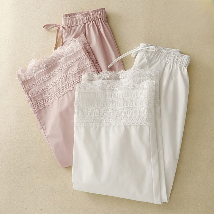 Buddha Stones Commute Plain Lace Patchwork Drawstring Design Women's Wide Leg Cotton Ankle-Length Pants With Pockets - image 15