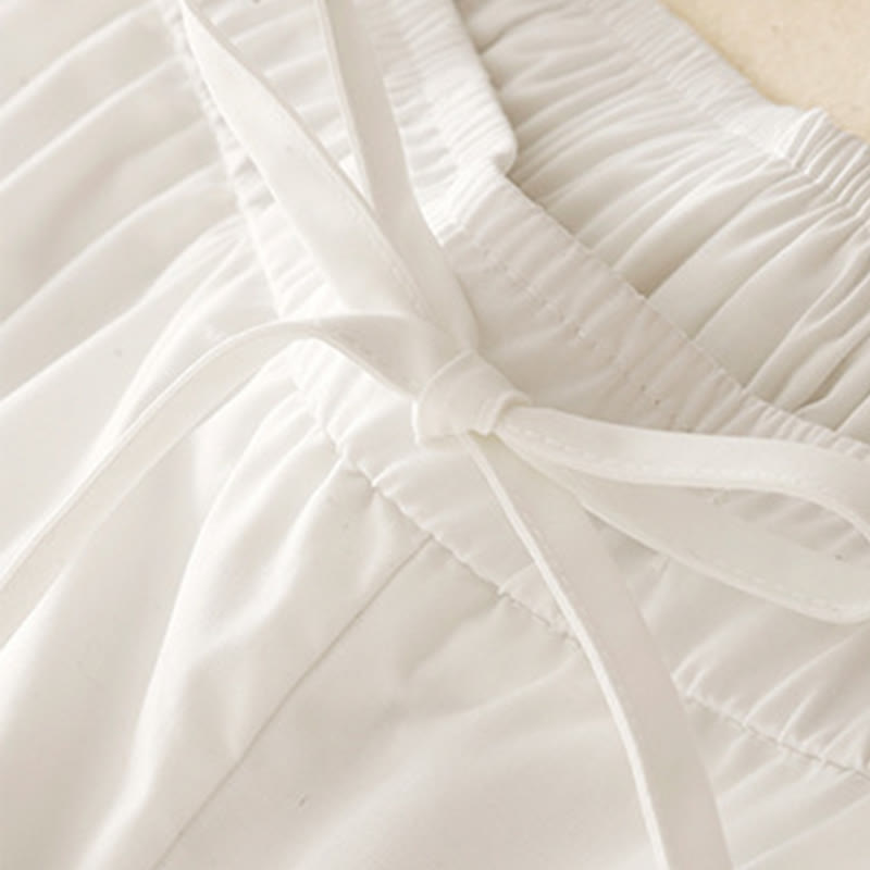 Buddha Stones Commute Plain Lace Patchwork Drawstring Design Women's Wide Leg Cotton Ankle-Length Pants With Pockets - image 10