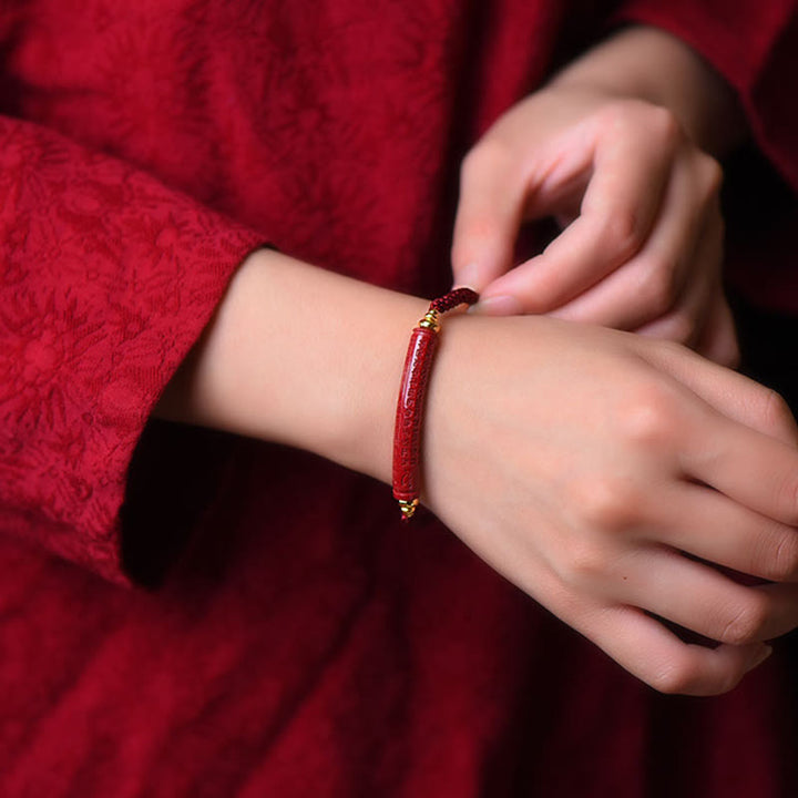 Buddha Stones Handmade Cinnabar Om Mani Padme Hum Heart Sutra Blessing Braided Bracelet - image 1