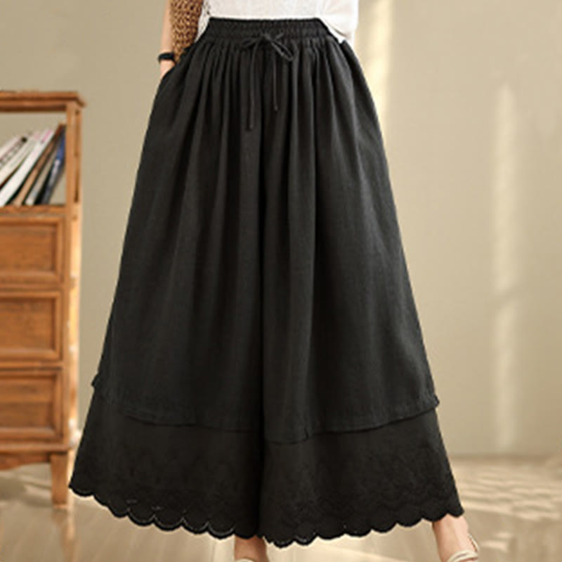 Buddha Stones Spring Embroidery Lace Hem Patchwork Drawstring Design Women's Wide Leg Cotton Pants With Pockets - image 11