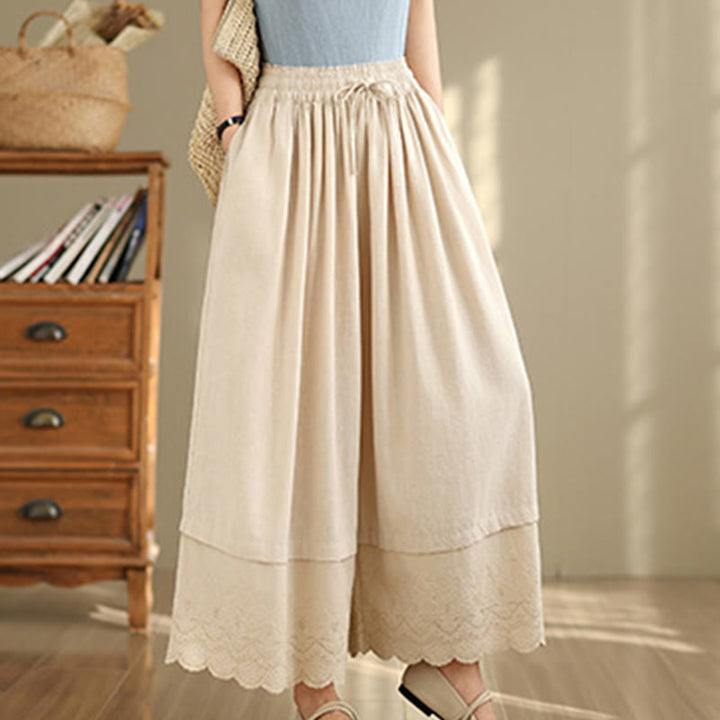 Buddha Stones Spring Embroidery Lace Hem Patchwork Drawstring Design Women's Wide Leg Cotton Pants With Pockets - Beige - US8-10，UK/AU12-14，EU40-42 (2XL) - image 0
