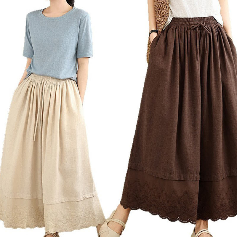 Buddha Stones Spring Embroidery Lace Hem Patchwork Drawstring Design Women's Wide Leg Cotton Pants With Pockets - image 27