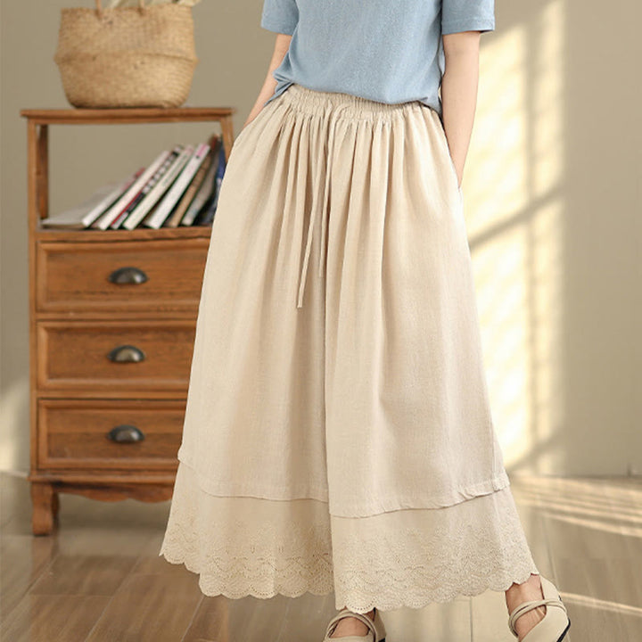 Buddha Stones Spring Embroidery Lace Hem Patchwork Drawstring Design Women's Wide Leg Cotton Pants With Pockets - image 3