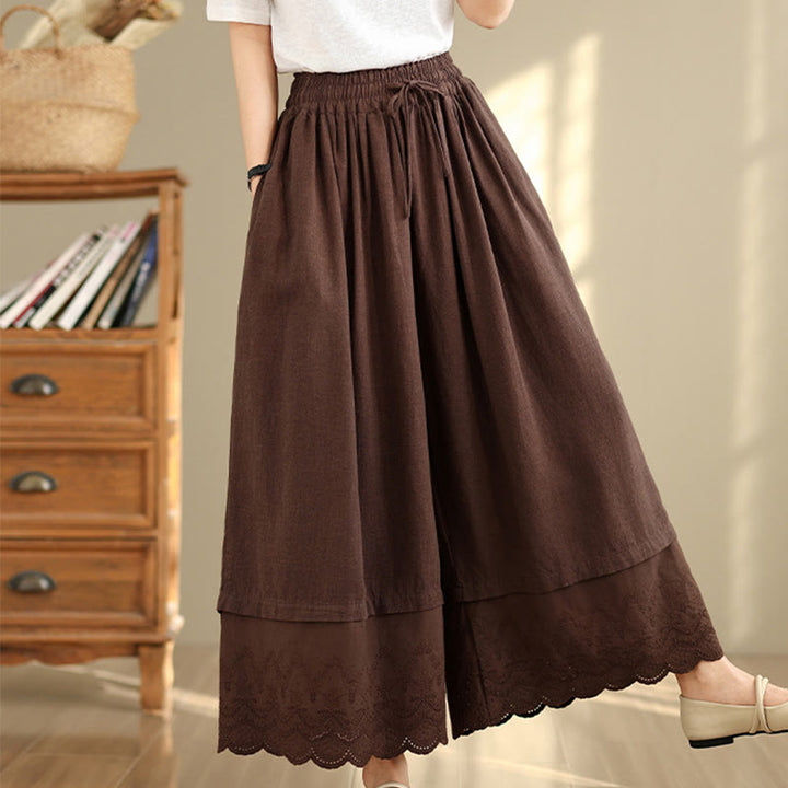 Buddha Stones Spring Embroidery Lace Hem Patchwork Drawstring Design Women's Wide Leg Cotton Pants With Pockets - image 15