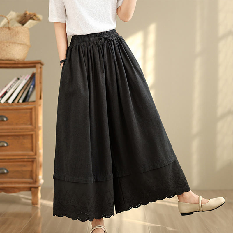 Buddha Stones Spring Embroidery Lace Hem Patchwork Drawstring Design Women's Wide Leg Cotton Pants With Pockets - Black - US8-10，UK/AU12-14，EU40-42 (2XL) - image 9
