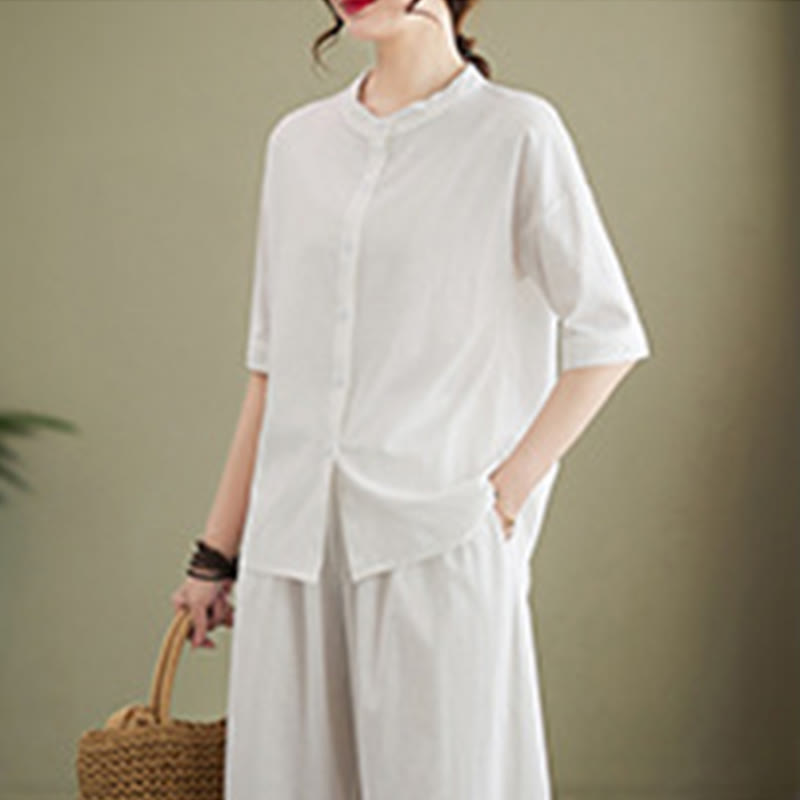 Buddha Stones 2Pcs Casual Solid Color Button Design Half Sleeve Shirt Wide Leg Pants With Pockets Cotton Zen Clothing Women's Set - image 4