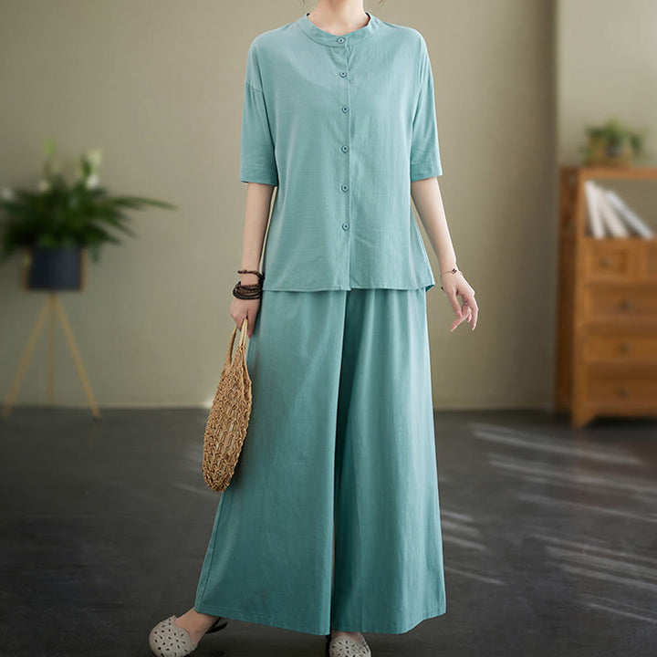 Buddha Stones 2Pcs Casual Solid Color Button Design Half Sleeve Shirt Wide Leg Pants With Pockets Cotton Zen Clothing Women's Set - image 9