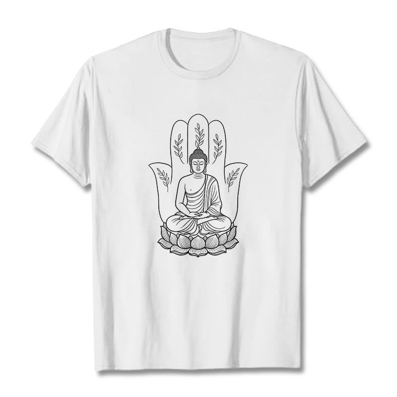 Buddha Stones Meditating Buddha Seated Hand Leaves Lotus Base Tee T-shirt - White - 2XL - image 0