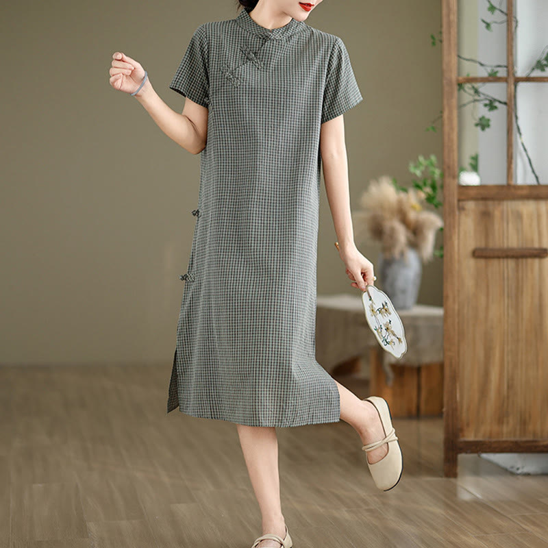 Buddha Stones Plaid Short Sleeve Frog-Button Design Cotton Linen Improved Cheongsam Midi Dress - image 12