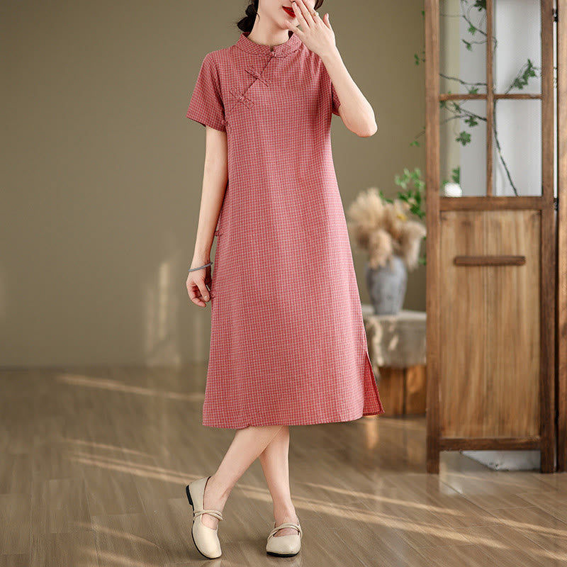 Buddha Stones Plaid Short Sleeve Frog-Button Design Cotton Linen Improved Cheongsam Midi Dress - image 2