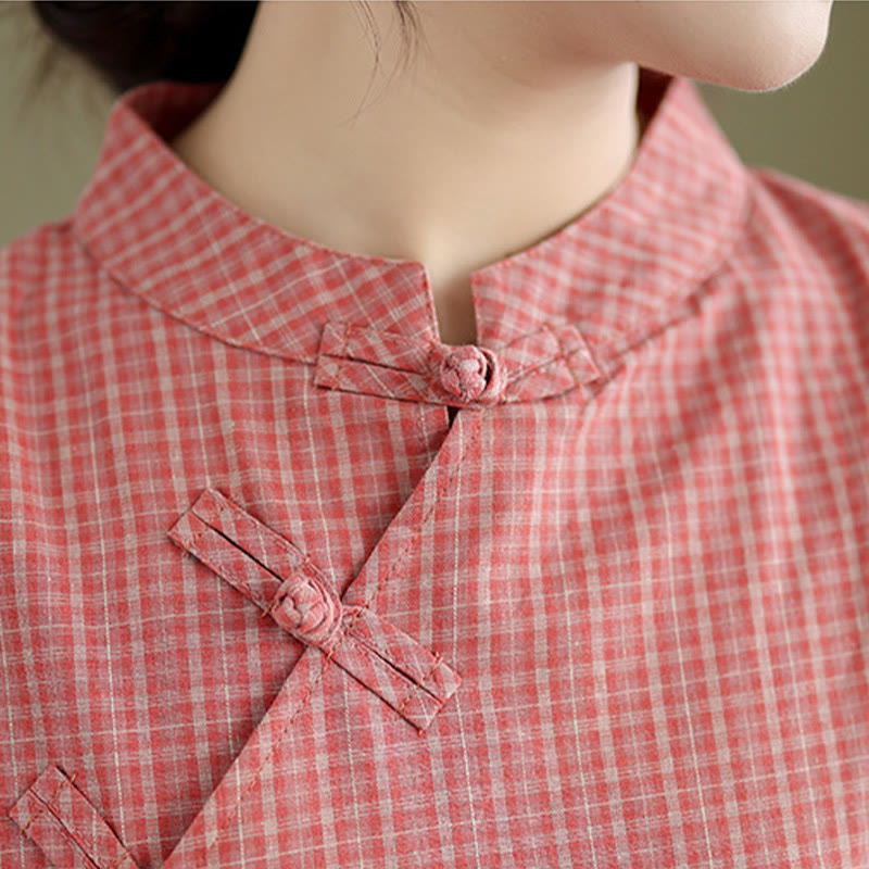 Buddha Stones Plaid Short Sleeve Frog-Button Design Cotton Linen Improved Cheongsam Midi Dress - image 4