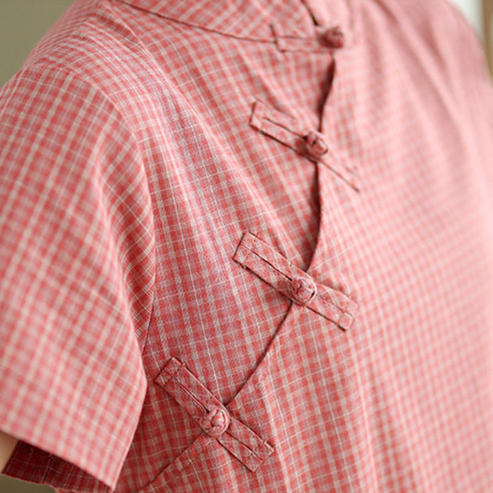 Buddha Stones Plaid Short Sleeve Frog-Button Design Cotton Linen Improved Cheongsam Midi Dress - image 6