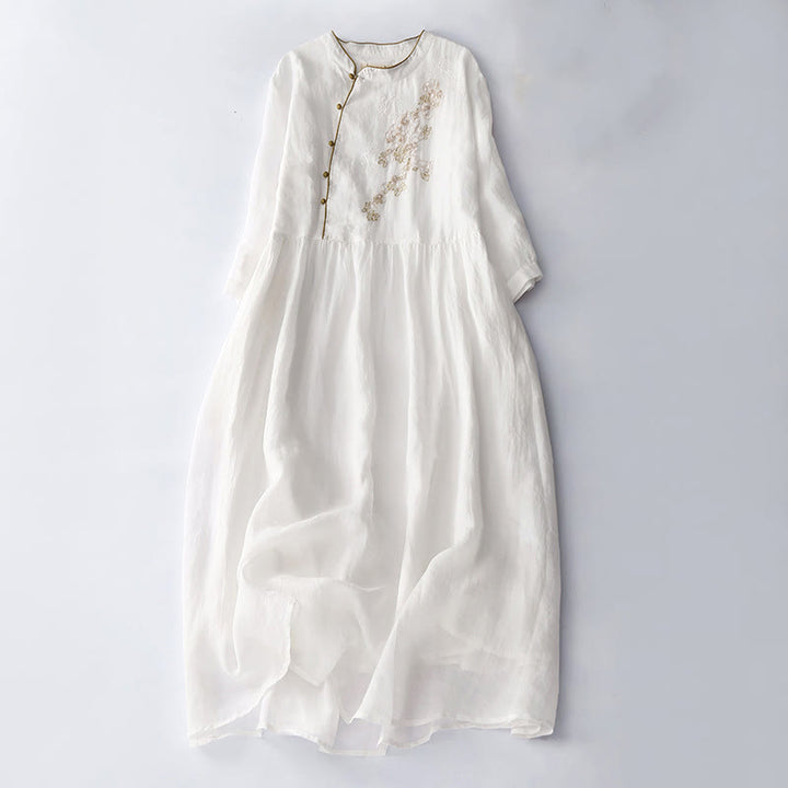 Buddha Stones Embroidery Buttons Design Long Sleeve Cotton Linen Midi Dress With Pockets - White - US8-10，UK/AU12-14，EU40-42 (2XL) - image 15