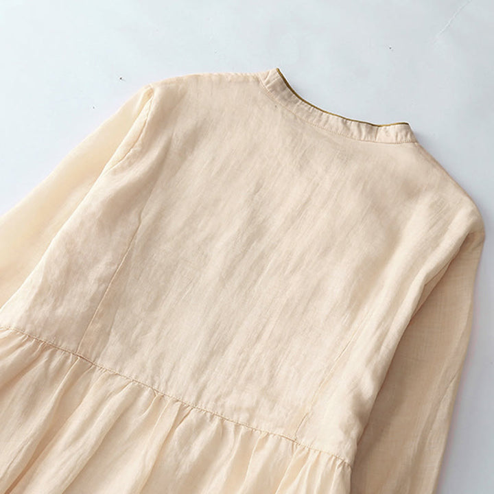 Buddha Stones Embroidery Buttons Design Long Sleeve Cotton Linen Midi Dress With Pockets - image 3